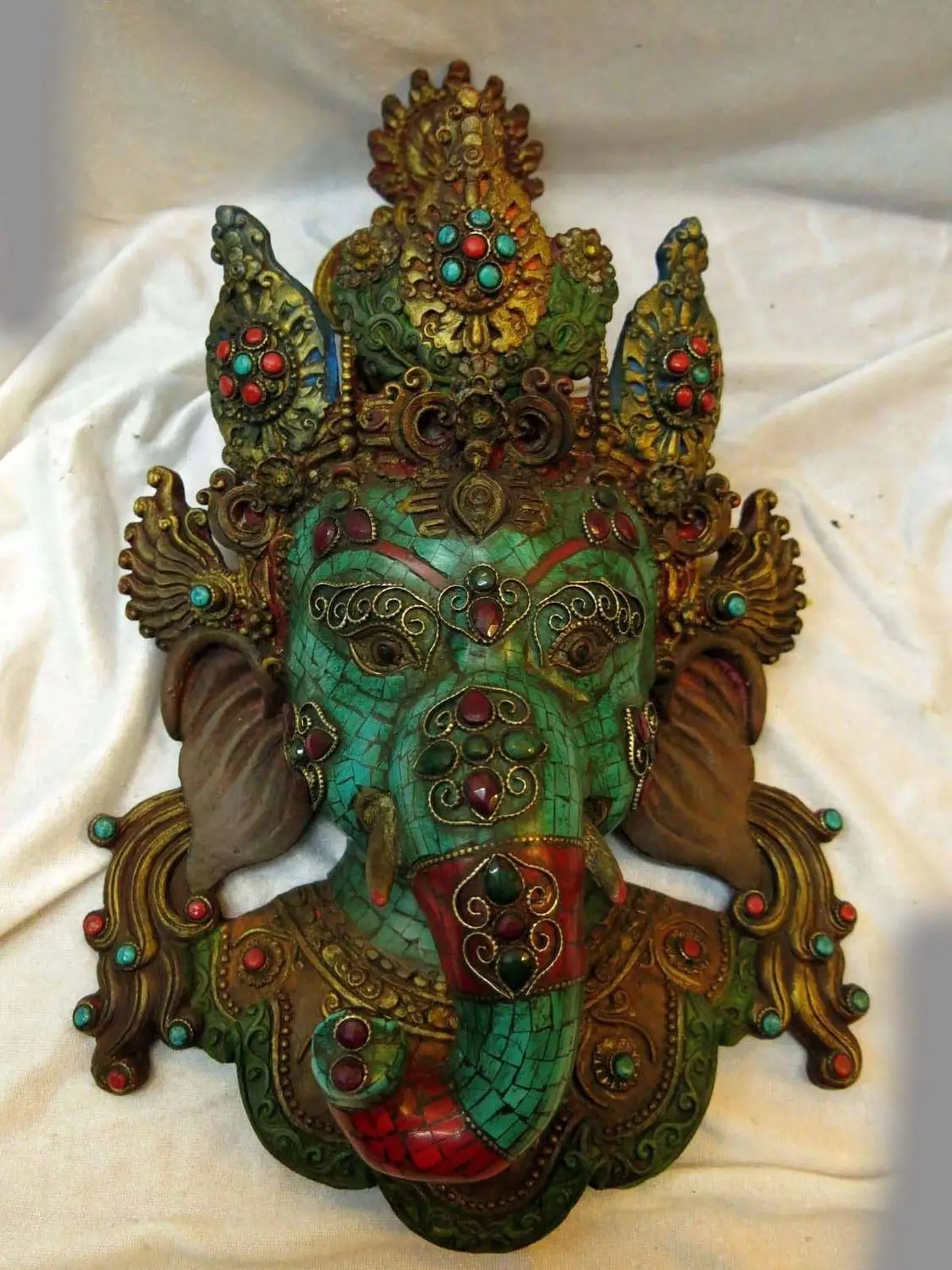 

15" Tibet resin turquoise gem Buddhism elephant buddha mask Sculpture Statue