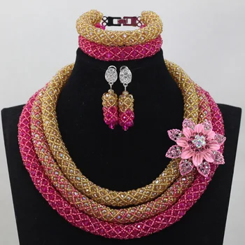 

Amazing Fushia Pink Gold Indian Bridal Costume Jewelry Set Hot Pink Nigerian Wedding Beads Set African Free Shipping WD590