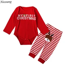 Niosung Cute Baby Girls Outfit Long Sleeve Rompers Top+Stripe Leggings Christmas Set For Christmas Party