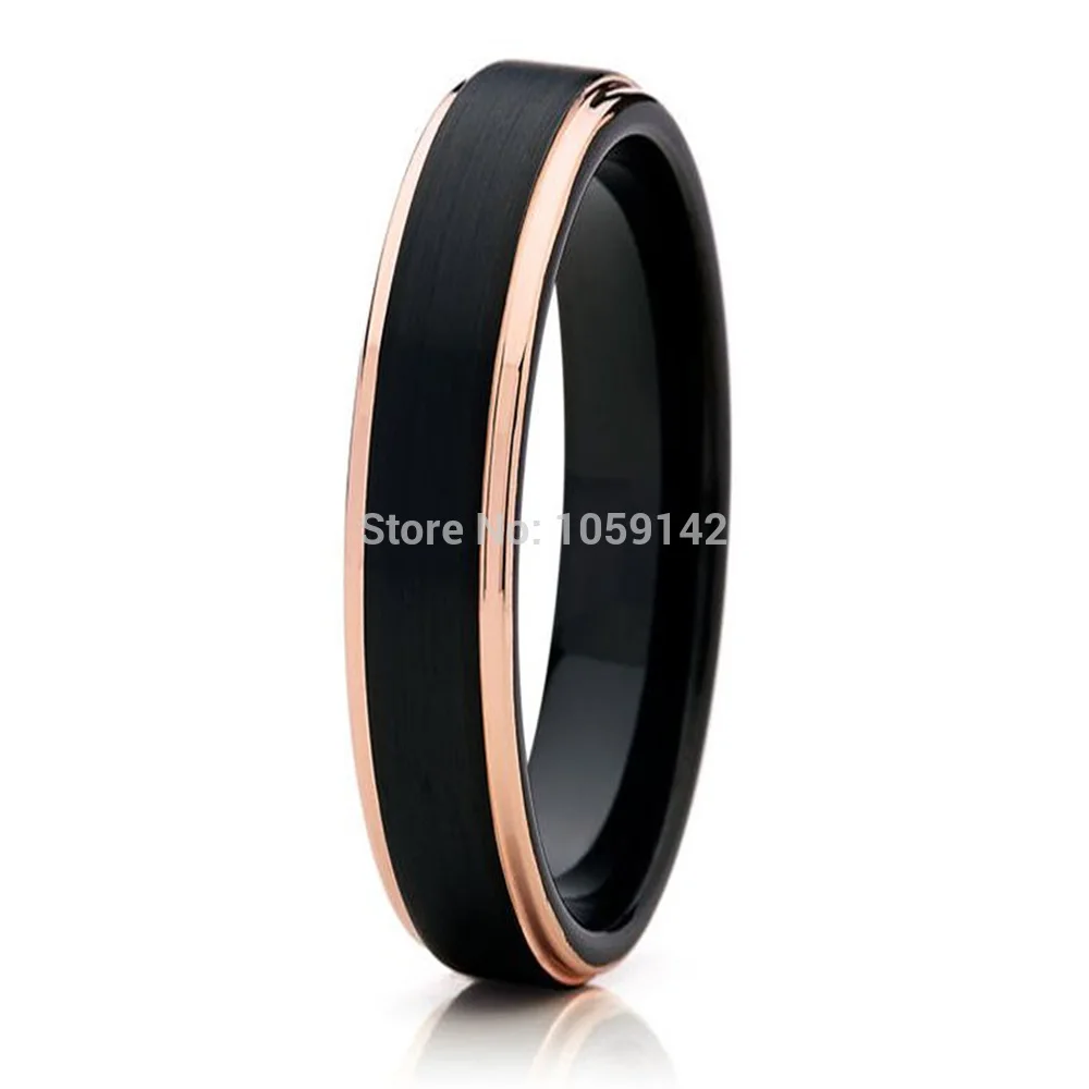 

4MM Women's Black Tungsten Carbide Wedding Band Promised Ring for Girl with Rose Gold Color Edges Comfort Fit Matte Finish