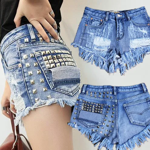 

Summer Women High Waist Jeans Shorts Denim Rivet Shorts Plus Size gray Blue