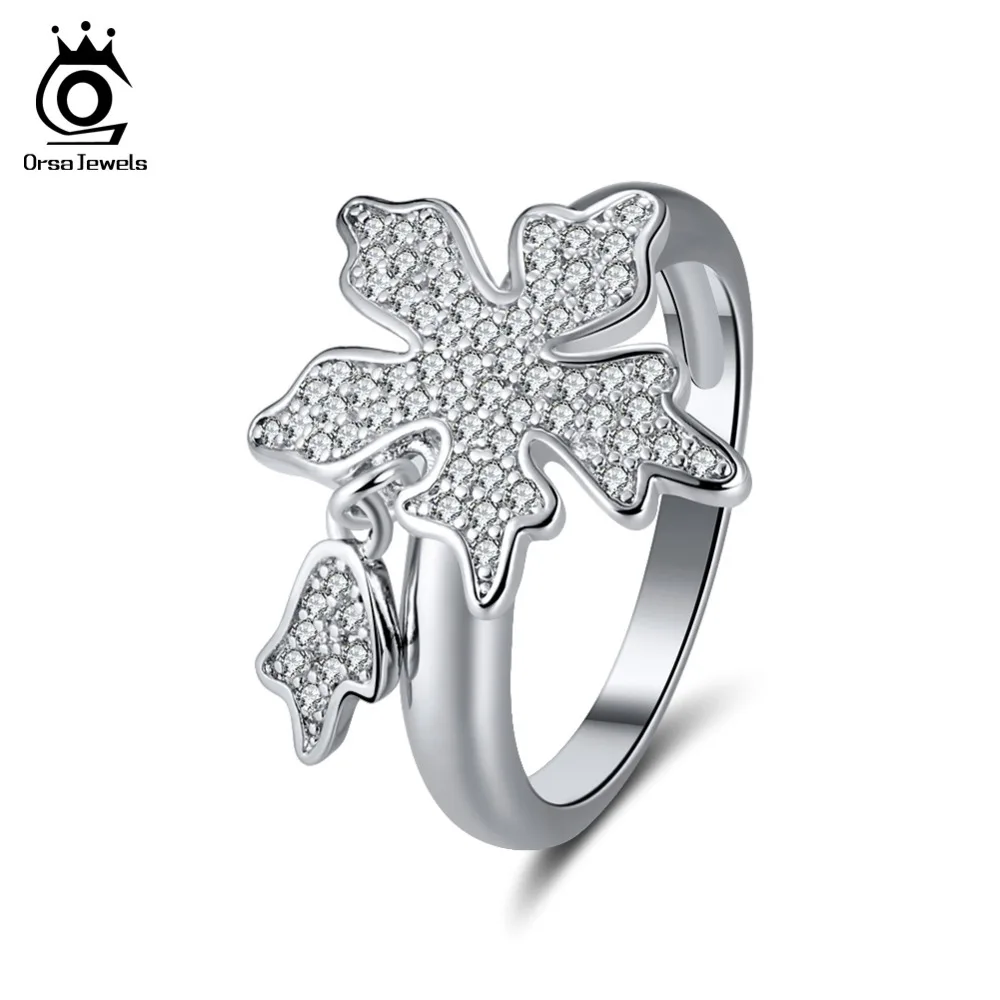 ORSA JEWELS Ring For Women Original Maple Pattern Rings Finger With Charms Luxury Dazzling AAA CZ Silver Color Jewelry OR182