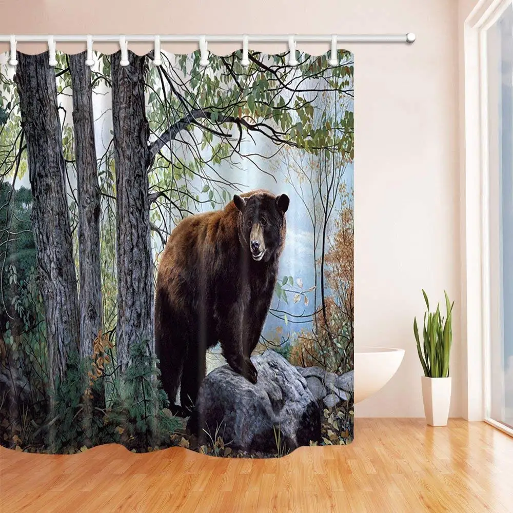 Animal Brown Bear Pattern Theme Shower Curtain Forest Trees Stone Brown