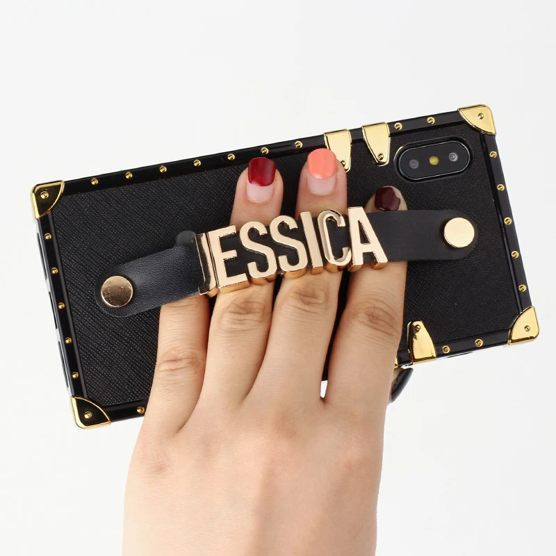 For iPhone 6 6S XS Max XR 7 7Plus 8 8Plus X Custom Leather Trunk Case Holding Strap Gold Metal Personalized Name Text Phone Case