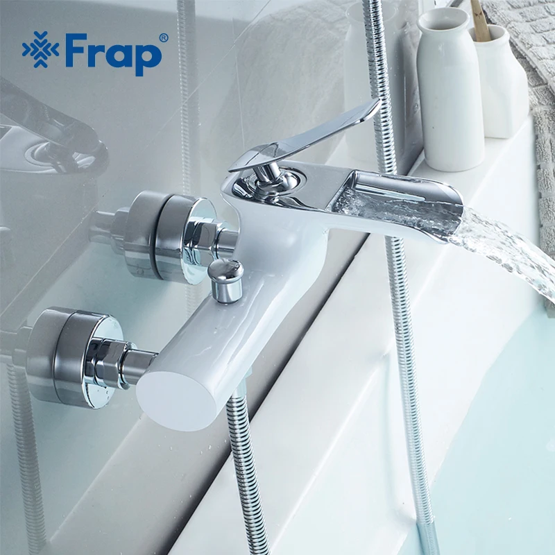 Frap الأبيض حمام حوض الحنفيات الكروم النحاس دش صنبور مجموعة خلاط حوض الاستحمام الحنفية واحدة مقبض أدوات دش للحمام