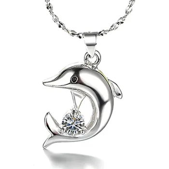 

Fashion Cute Dolphin Animal Crystal 925 Sterling Silver Lady Pendant Necklaces Original Jewelry For Women Short Chain Girls Gift