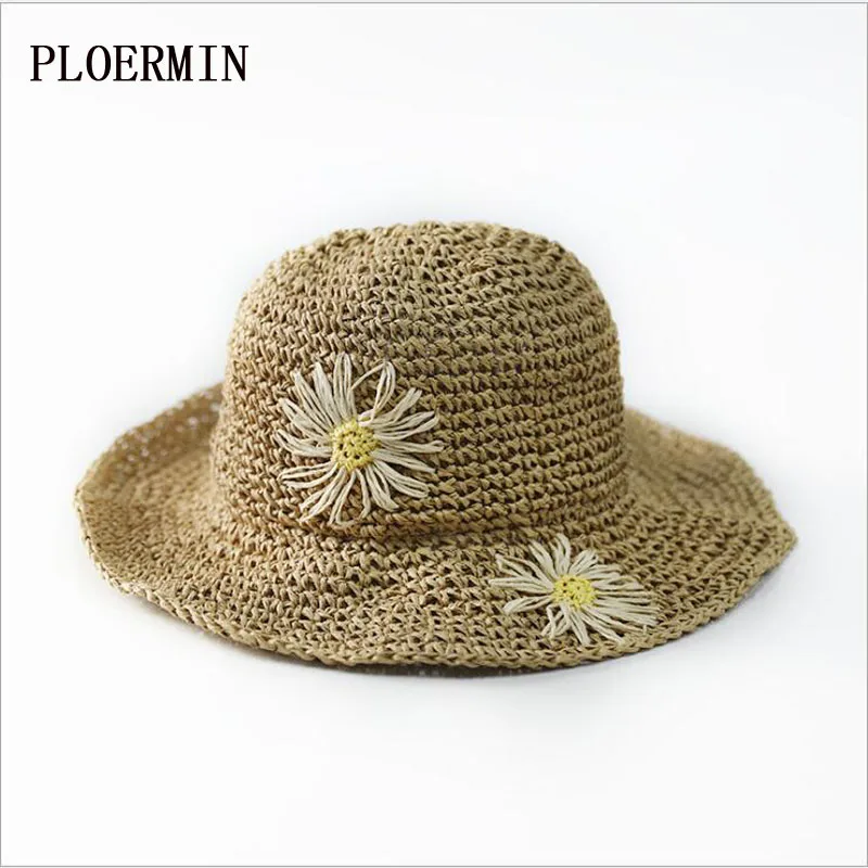 PLOERMIN أزياء الصيف الفتيات الاطفال زهرة يدوية الصنع التطريز قبعة الشمس القش عارضة شاطئ كاب جميل الأطفال عطلة جولة قبعة