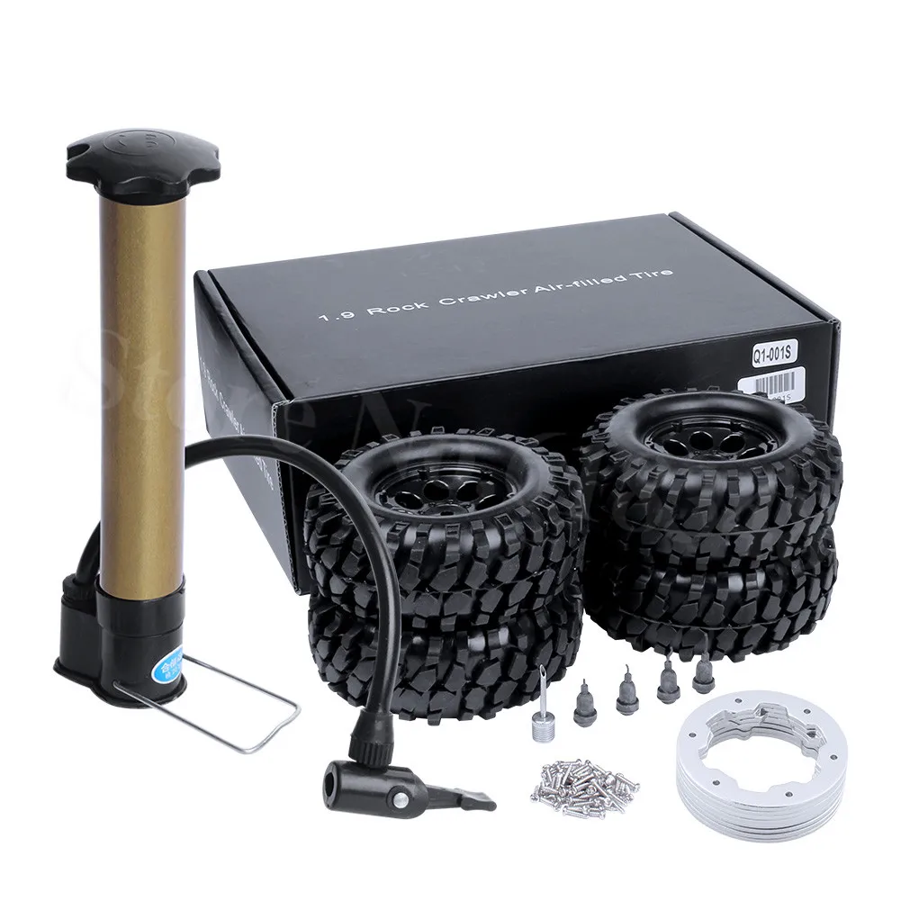 

4PCS 1.9 Air Pneumatic Beadlock Wheel Rims and Tires Inflator Pump Included for 1/10 RC4WD D90 Axial SCX10 RC Rock Crawler Truck