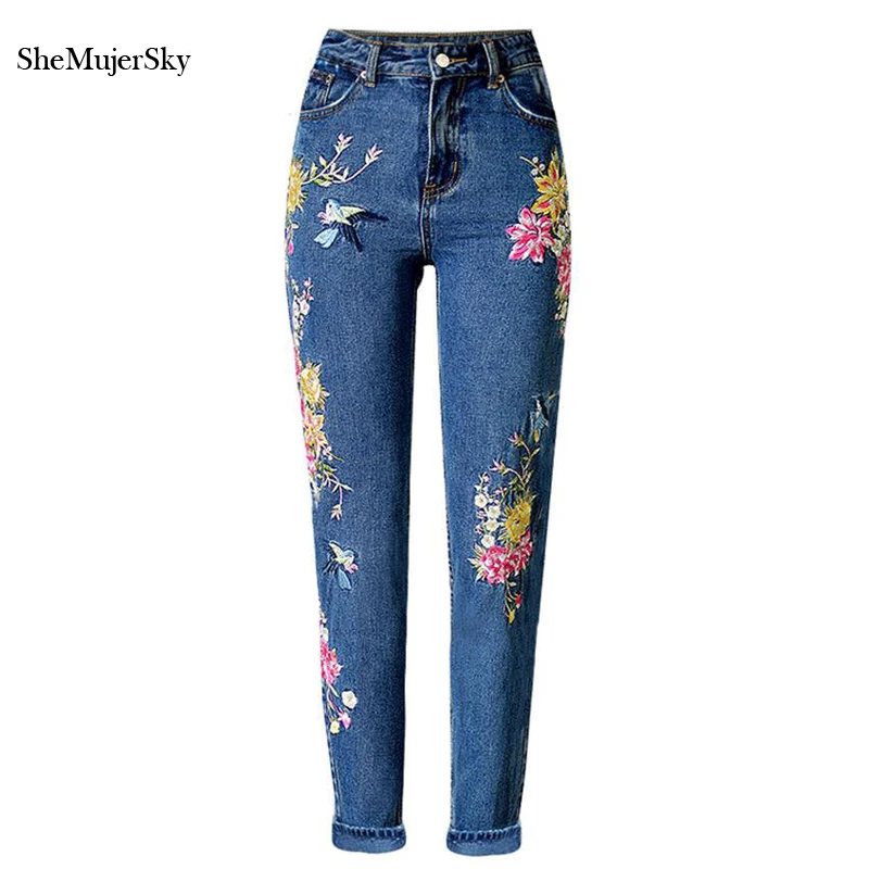 ФОТО 3D Embroidery High Waist Jeans Women 2017 Fashion Straight Denim Embroidered Jeans Woman Pants 