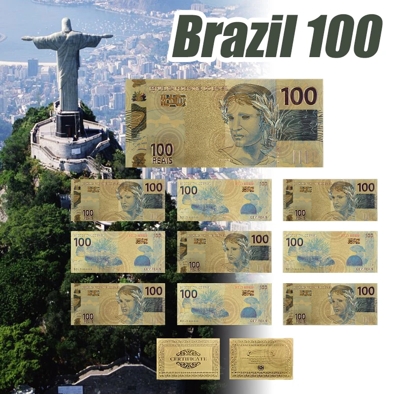 

WR 10pcs/set Banknote Brazil Gold Banknote 2,5,10,20,50,100 Bills Fake Money Banknotes Bank Note Paper Money Collectibles Gift