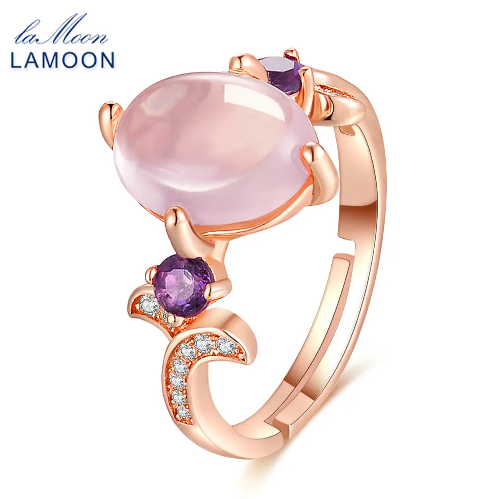 

LAMOON 925 Sterling Silver Jewelry Romantic Rings 8x10mm 100% Natural Oval Pink Rose Quartz Women Engagement Ring Wedding Bands