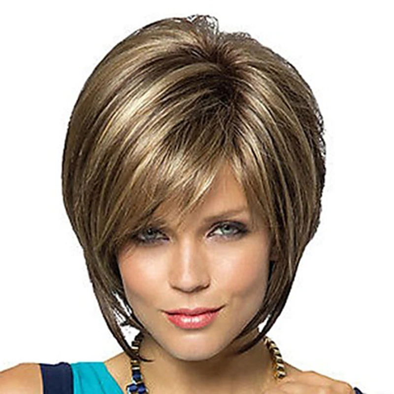 

HAIRJOY Women Synthetic Hair Wig Bob Haircut Pixie Style with Bangs Blonde Brown Double Color Short Wig Free Shipping