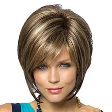 HAIRJOY Women Synthetic Hair Wig Bob Haircut Pixie Style with Bangs Blonde Brown Double Color Short Wig Free Shipping HAIRJOY Women Synthetic Hair Wig Bob Haircut Pixie Style with Bangs Blonde Brown Double Color Short Wig Free Shipping