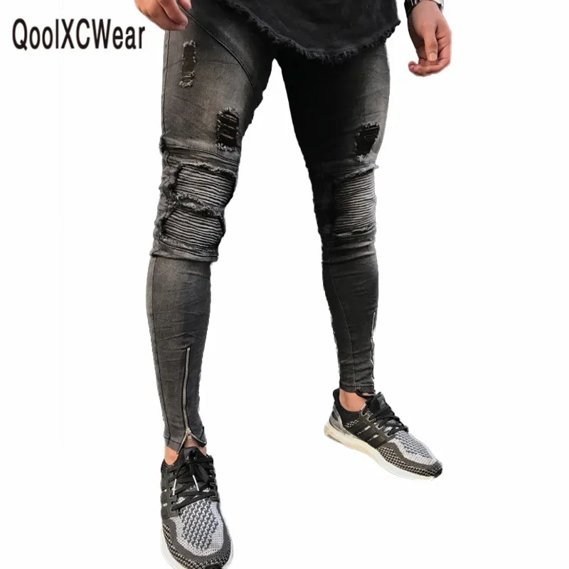 

QoolXCWear Fashion Men Jeans Black Slim Moto Biker Denim Pants Mid Waist Skinny Distressed Ripped Pleated Male Jeans