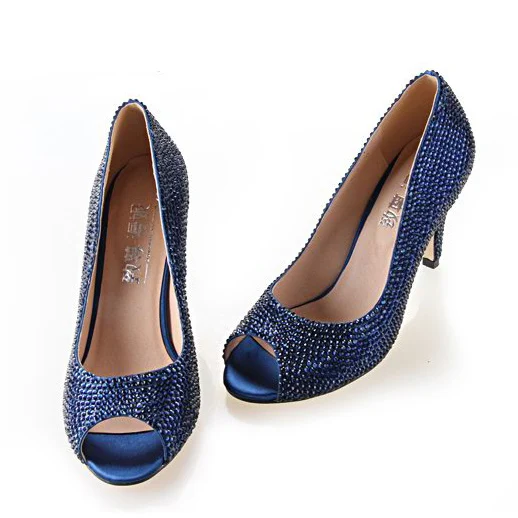 Handmade full rhinestone diamond navy blue woman heels bridal wedding party pumps dark blue evening banquet shoes small big size