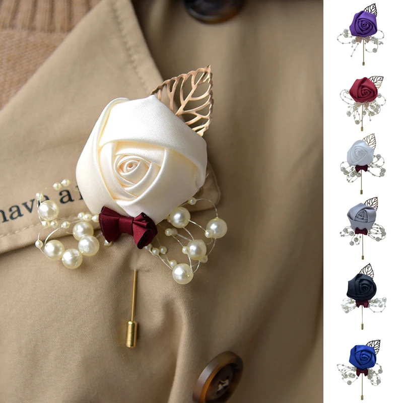 

Wedding Ceremony Prom Corsage Flower Rose Brooch Pins Pearl Bow Bride Groom Flowers Boutonniere Satin Ribbon Accessories