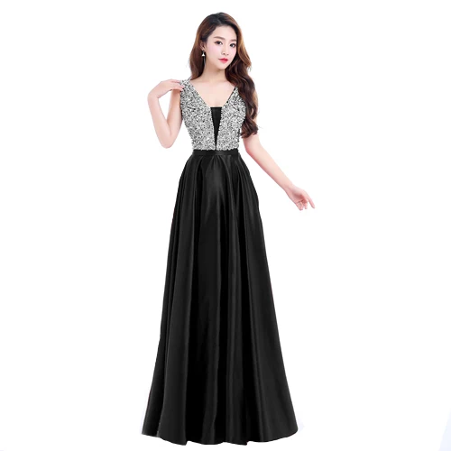 Сексуальное элегантное вечернее платье с v-образным вырезом халат De Soiree атласные вечерние платья с пайетками длинное платье дизайн vestido de festa - Цвет: Черный