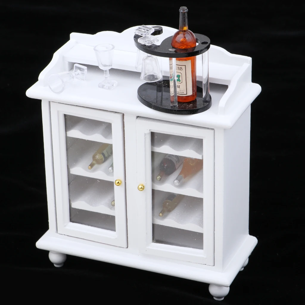 1/12 Dollhouse Miniature Wooden Wine Cabinet & Wine Rack & Cups Model Set Room Furniture Accessories