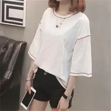 Модная Свободная Женская футболка большого размера, Женская стильная футболка с круглым вырезом, с рукавами в семь точек, летняя Новинка