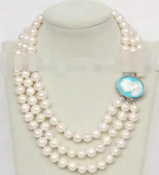 

16"-18" 3row 9-10mm round freshwater white pearls necklace E8771