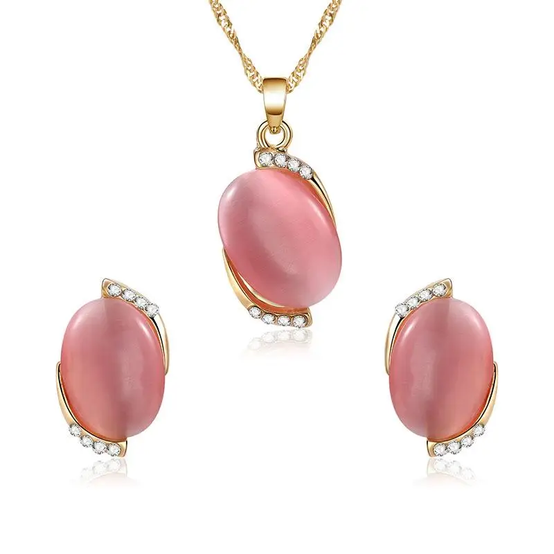 European and American Fashion Ellipse Pink Opal Necklace Earrings Set | Украшения и аксессуары