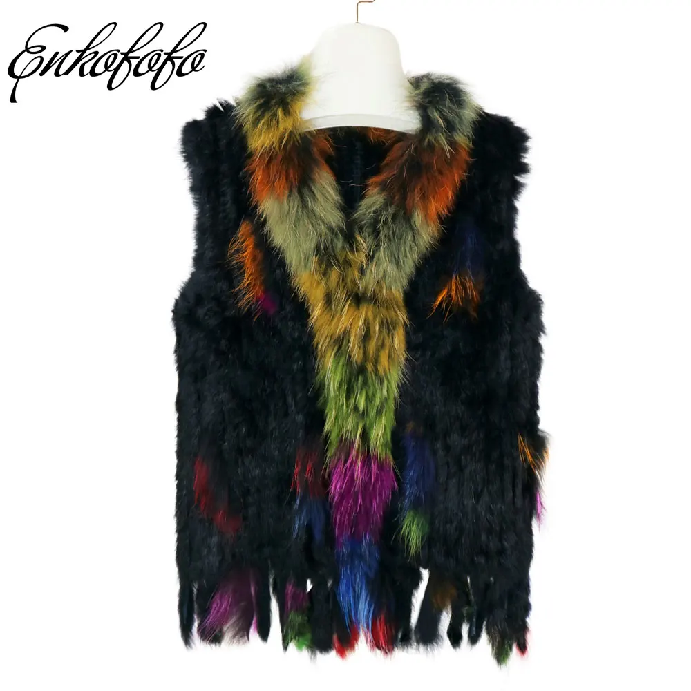 

2019 Winter Natural Rabbit Fur Vest with Tassel Colorful Raccoon Fur Collar Waistcoat Jackets Knitted Gilets Women Real Fur Vest