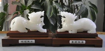 

Chinese Natural White jade pure Hand-Carved Evil spirits Beast Pixiu Statue Pair