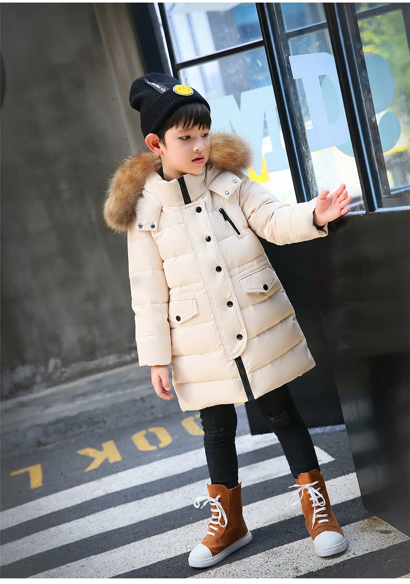 Детские пуховики г., новое длинное плотное пальто с меховым воротником для мальчиков и девочек, зимняя куртка-пуховик для девочек-подростков