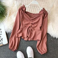 NiceMix 2018 Spring Autumn Women Long Sleeve Blouse V-Neck Drawstring Tie Blouses Female Lantern Sleeve Ruffles Shirts Short Top NiceMix 2018 Spring Autumn Women Long Sleeve Blouse V-Neck Drawstring Tie Blouses Female Lantern Sleeve Ruffles Shirts Short Top