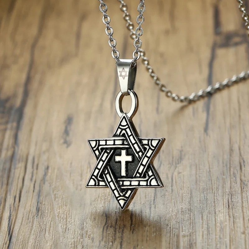 

Religious Jewelry Antique Star of David with Cross Pendant Necklace in Stainless Steel