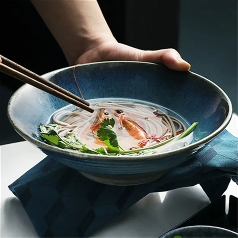 

NIMITIME Japanese Ceramic Noodle Soup Bowl Ramen Salad bowl Big Shallow Kiln Dinner Bowl