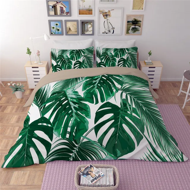 White Green leaves Bedding Sets Plant Twin Queen king Size Quilt/Duvet