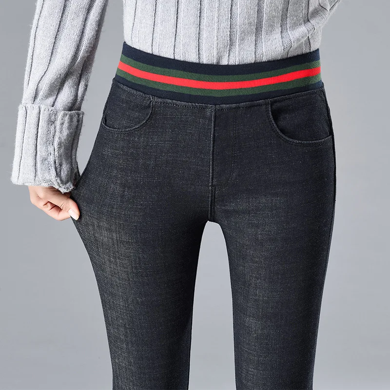 Джинсы Женская Осенняя обувь Высокая талия эластичные джинсовые женские джинсы Повседневное джинсы длиной до щиколотки карандаш брюки плюс Размеры O8R2 - Цвет: Черный