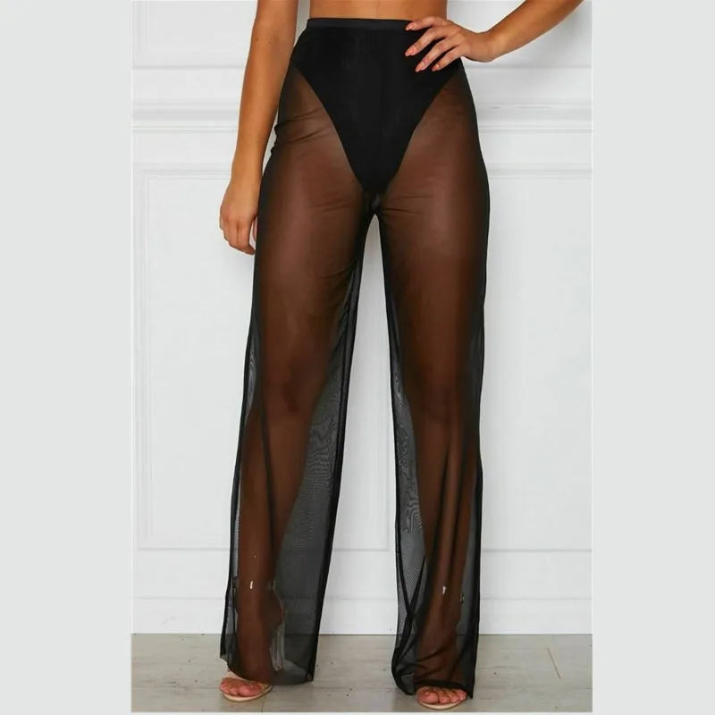 Women Summer Beach Mesh Sheer Femmes Fashion High Waist Sexy Pant Ladies Flared Trousers 2 Colours See Through Long Trousers New Women Summer Beach Mesh Sheer Femmes Fashion High Waist Sexy Pant Ladies Flared Trousers 2 Colours See Through Long Trousers New