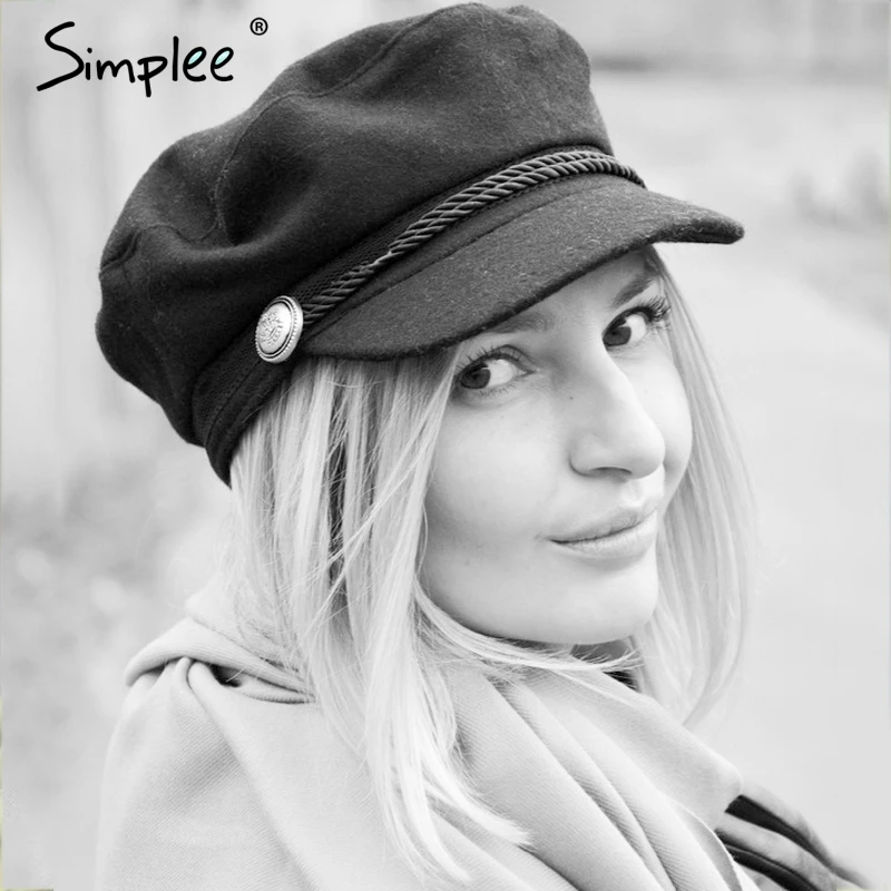 Simplee Fashion black hat cap women Casual streetwear rope flat cap Elegant solid autumn winter warm beret hat female 2017