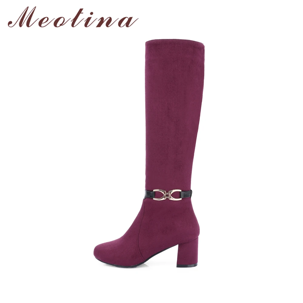 Meotina/Сапоги до колена; женские зимние сапоги на высоком каблуке с металлическим толстым каблуком; коллекция года; женские высокие сапоги; Цвет Красный; большие размеры 33-45