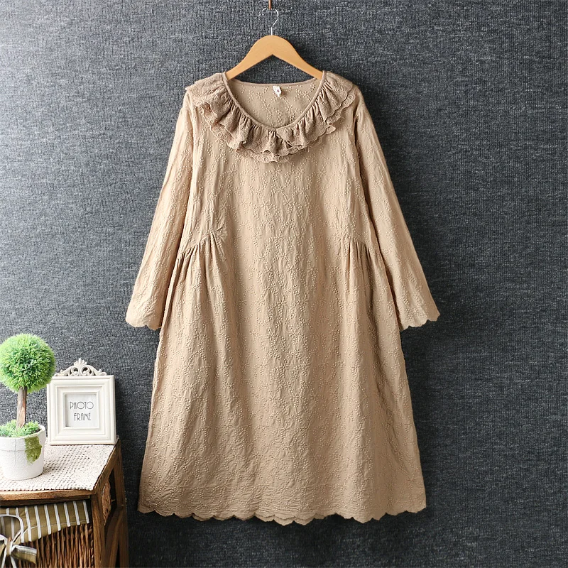 

Sweet Mori Girl Double Lace Embroidered Autumn Dress Long Sleeved Cotton Loose Waist Lolita Dress Hippie Boho Women Gothic Dress
