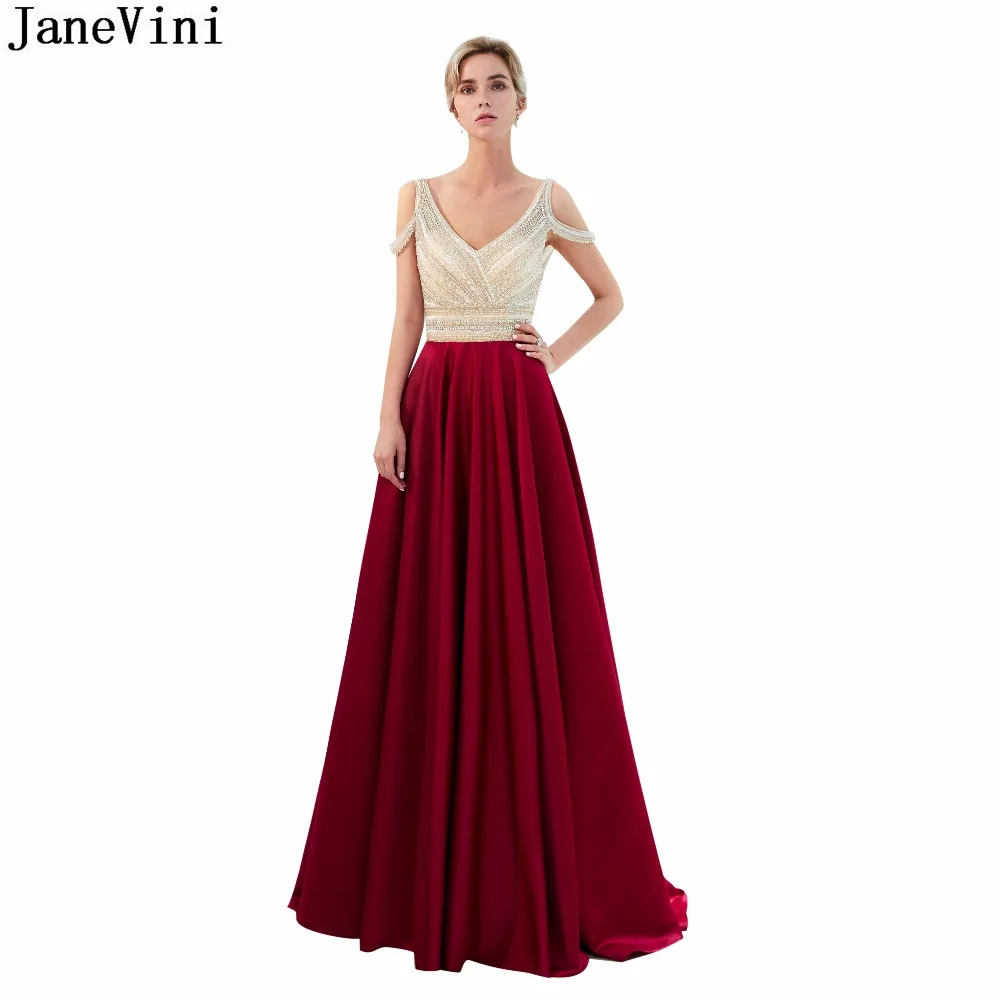 

JaneVini Luxury Burgundy Mother of The Bride Dresses V Neck Heavy Beading Backless Satin Sweep Train Arabic Women Evening Gowns