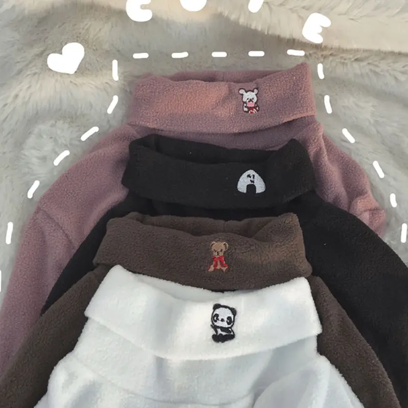 

Autumn Winter Cute Cartoon Embroidery T Shirt Women Long Sleeve Fleece Slim Tops Women Chic Turtleneck Student T-Shirts