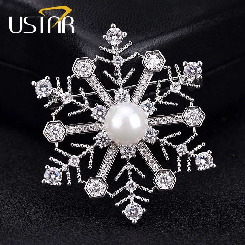 

USTAR Snowflake Brooches for women with AAA Cubic Zirconia Created Pearl pin brooch female broches Wedding jewelry Accessories