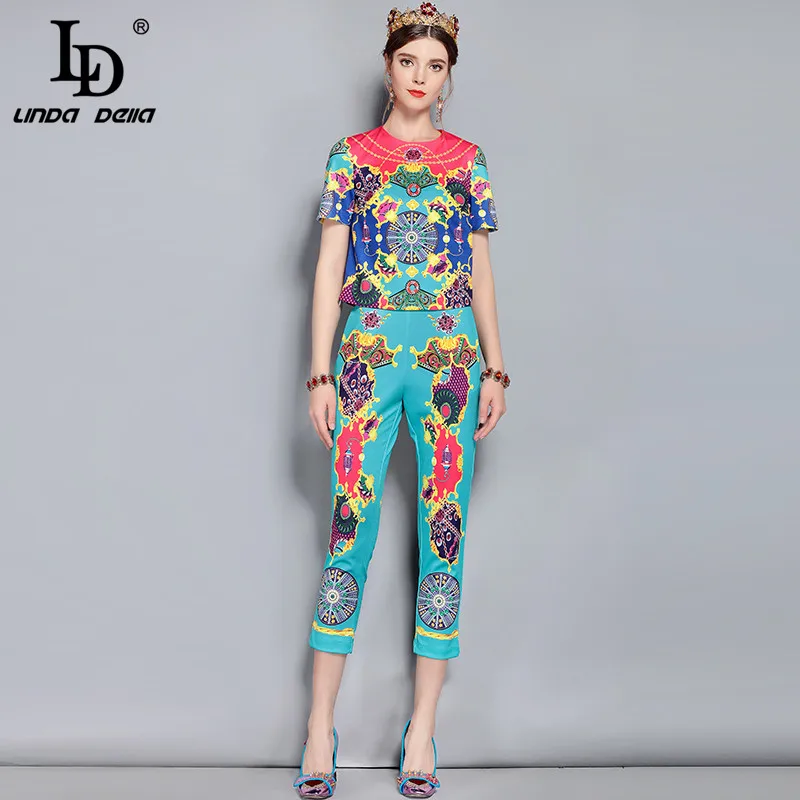 

LD LINDA DELLA New Spring Summer Fashion Runway Designer Suits Women's Pullover Printed Top Vintage Long Pants Set