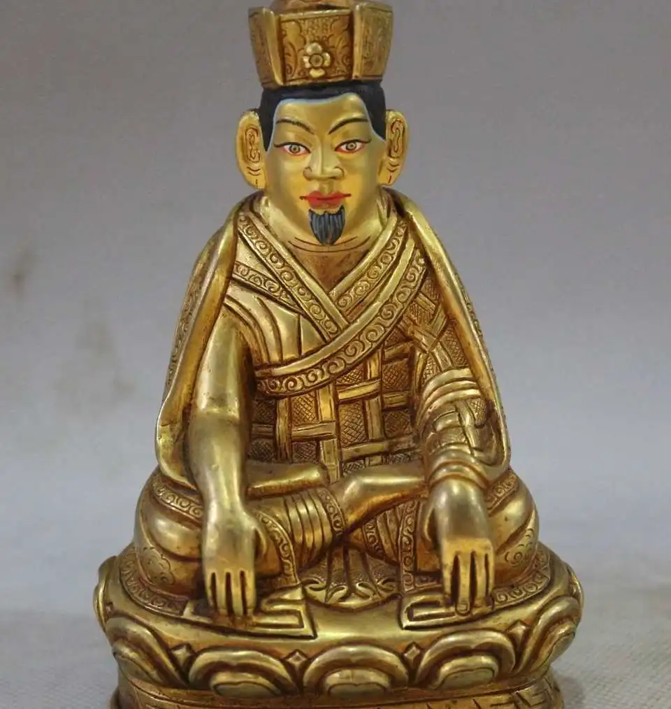 

5"Tibet Buddhism Bronze 24K Gold Padmasambhava Guru Rinpoche Buddha Statue