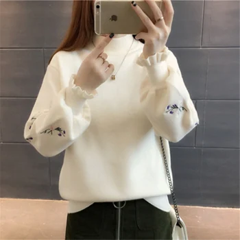 

Women Autumn Winter Floral Embroidered Knitted Sweater Pullovers New Style Female Half Turtleneck Butterfly Sleeve Sweater F445