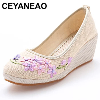 

CEYANEAOVintage Women Pumps Linen Shoes Retro Floral Embroidery Cloth Canvas Wedges Shoes Woman Platforms Zapatos Mujer 5cm Heel