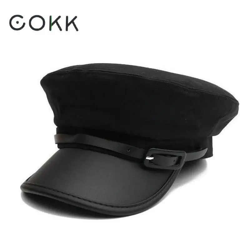 COKK Корейская Кепка с плоским верхом, Модные Военные шапки для мужчин и женщин, хлопковая восьмиугольная кепка для женщин из искусственной кожи, Черная кепка с полями, новинка