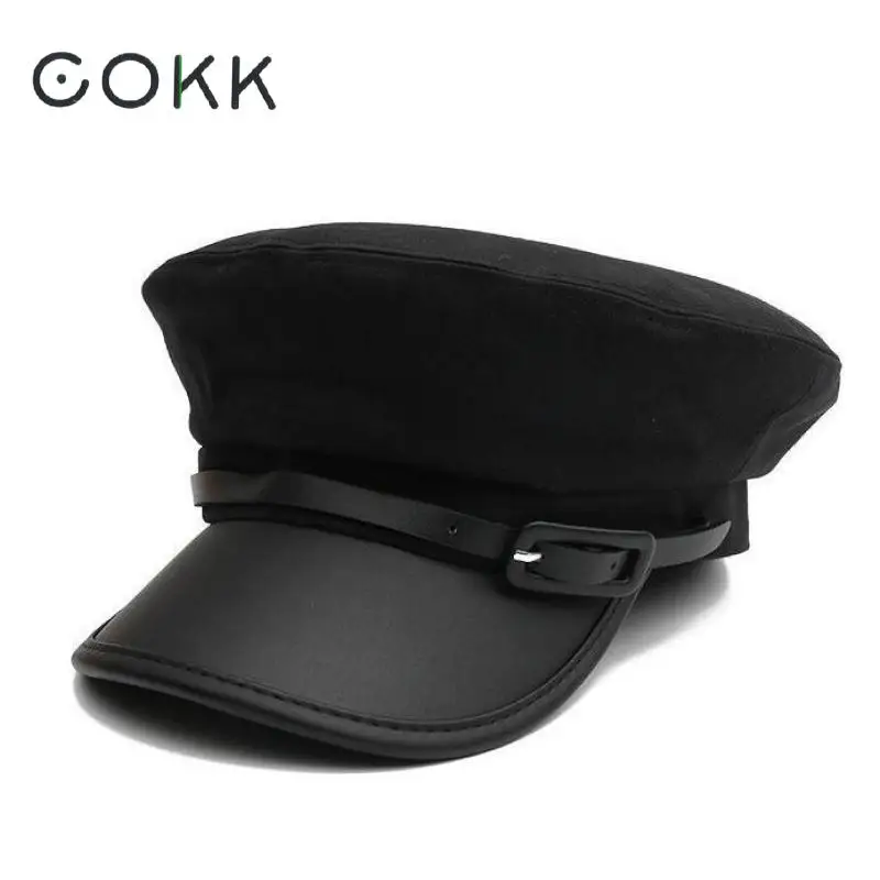

COKK Korean Flat Top Cap Fashion Military Hats For Women Men Cotton Octagonal Hat Female Pu Leather Brim Black Gorras 2019 New