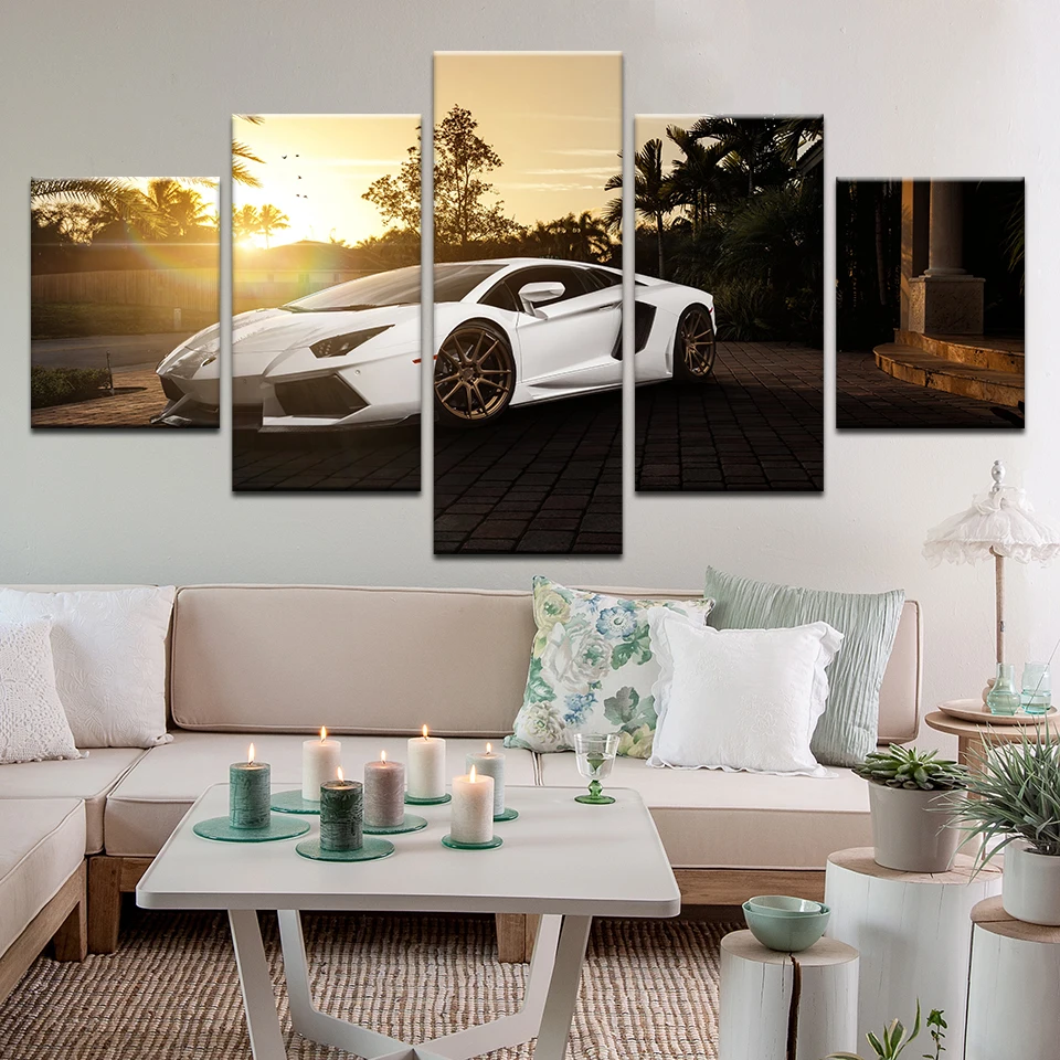 

Modern Home Wall Art Decor Frame Pictures HD Prints White Lamborghini Aventador Car Painting On Canvas Sunset Poster
