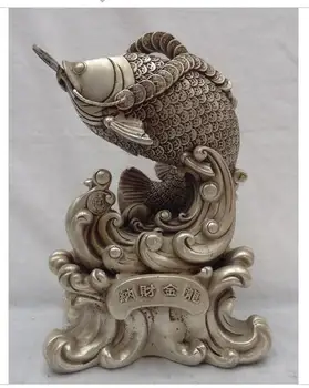 

decoration copper silver factory outlets 11" Folk Chinese Silver Money Wealth Coin Dragon Fish Statue Animals Sculpture