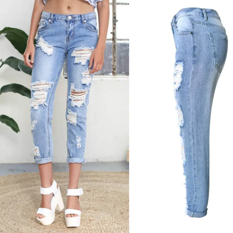LOGAMI модные женские джинсы Лето отверстие Рваные джинсы Для женщин Брюки Проблемные джинсовые брюки