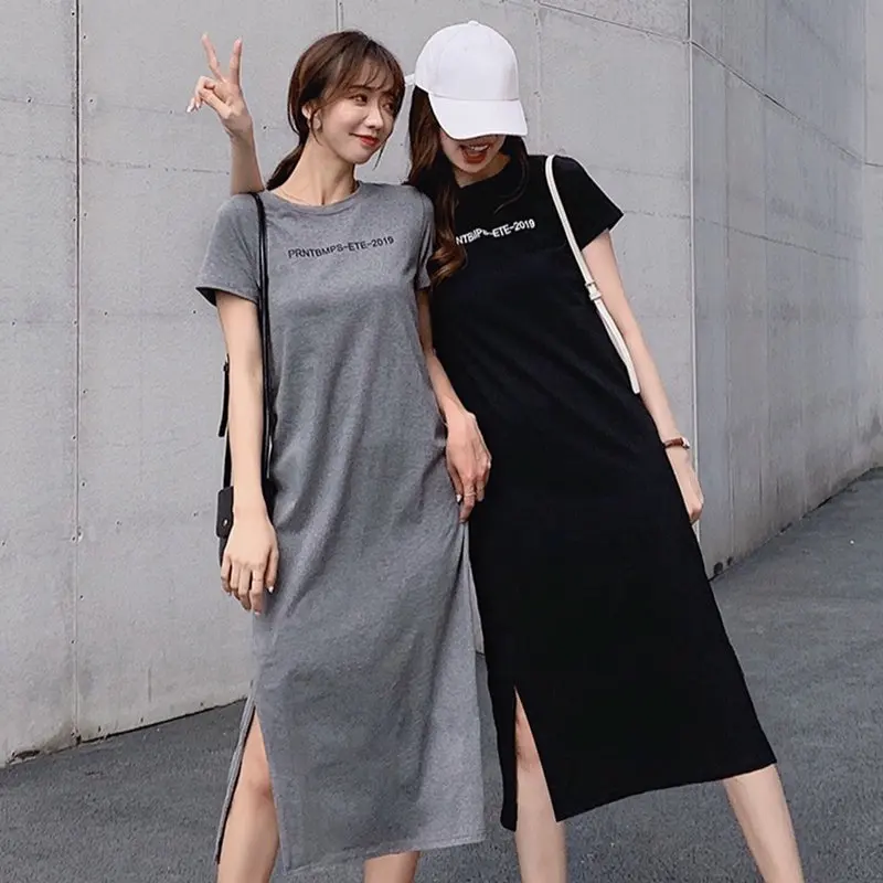 

New Short Sleeve Casual Letter Print Summer Beach Casual Sexy Boho Elegant Vintage Wrap Split Long Dresses T-Shirt Loose Dress